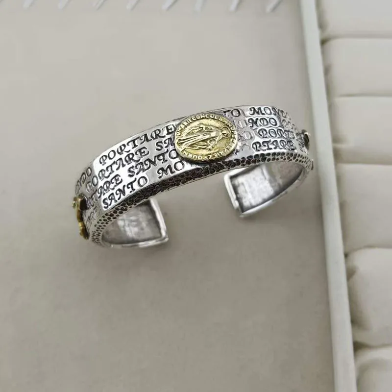 Genuine S925 Sterling Silver Bracelets for Men Women Vintage Relief Cross Virgin Maria Bangle Pure Argentum Amulet Jewelry