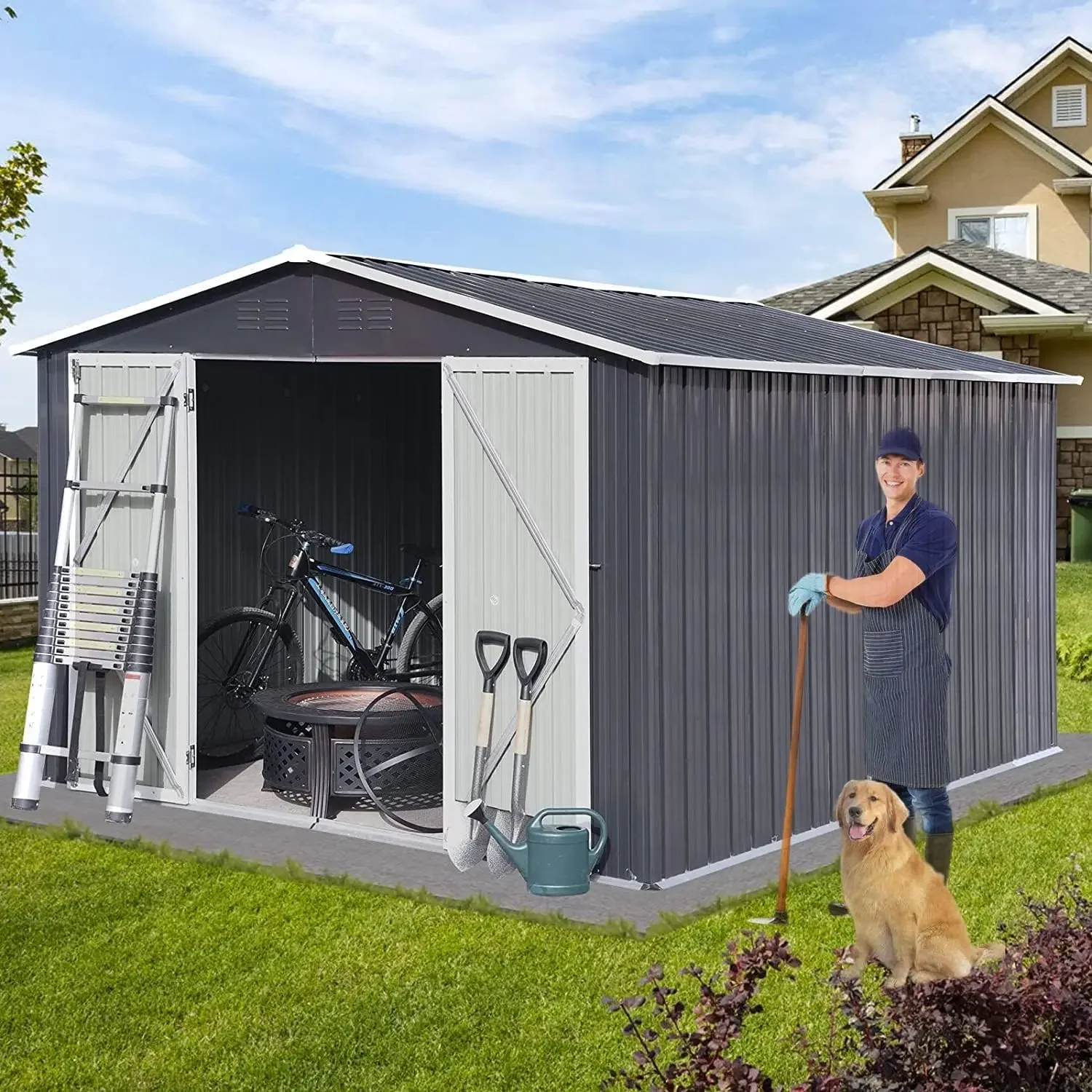 10x8/5x4/5x3 FT Metal Outdoor Galvanized Steel Storage Shed,Outdoor Storage Shed with Lockable Doors for Backyard Lawn Garden