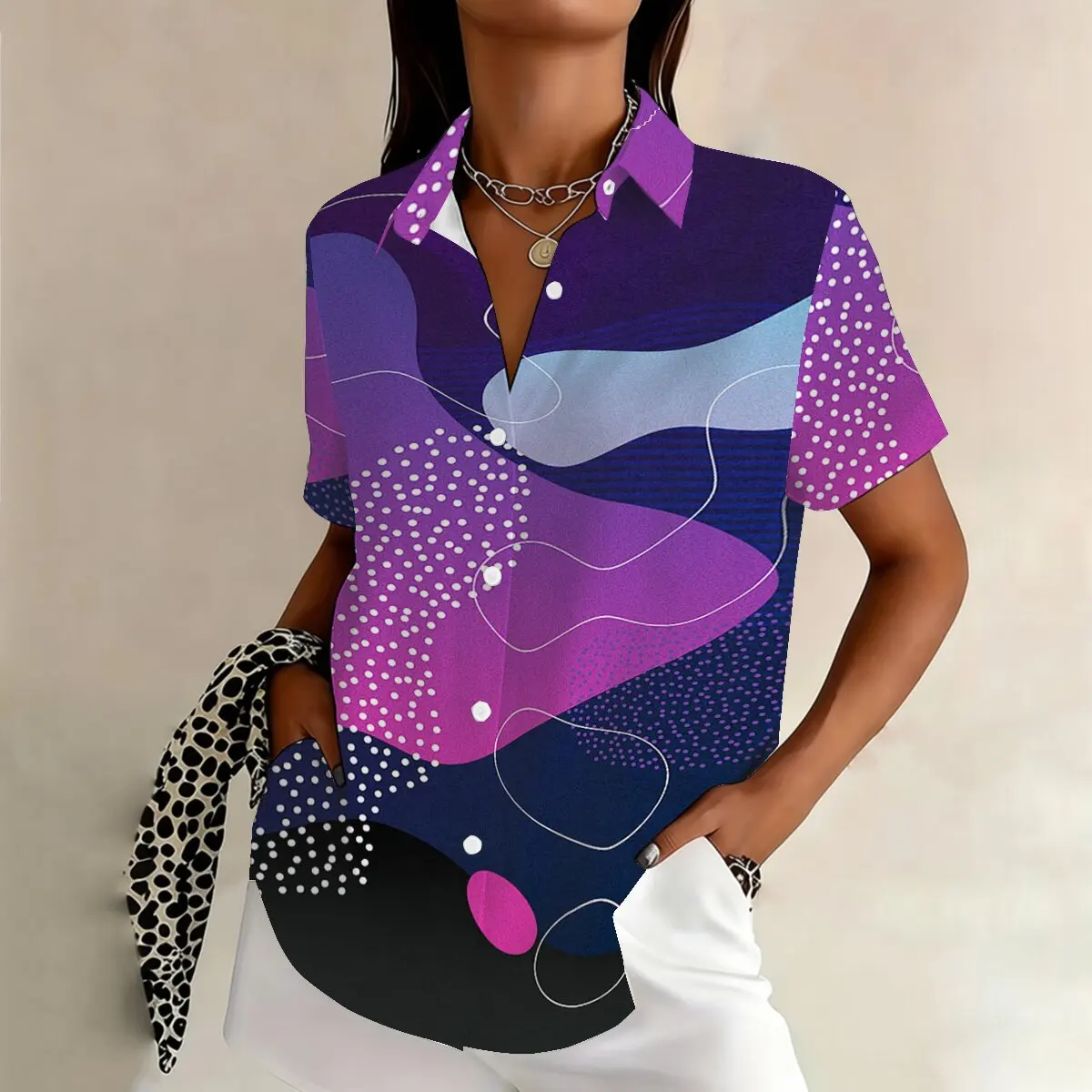 

Plus Size Women's Short Sleeve Shirt, Single Breasted, Purple Pattern, Fashionable and Avant-garde, Suitable for Casual Wear