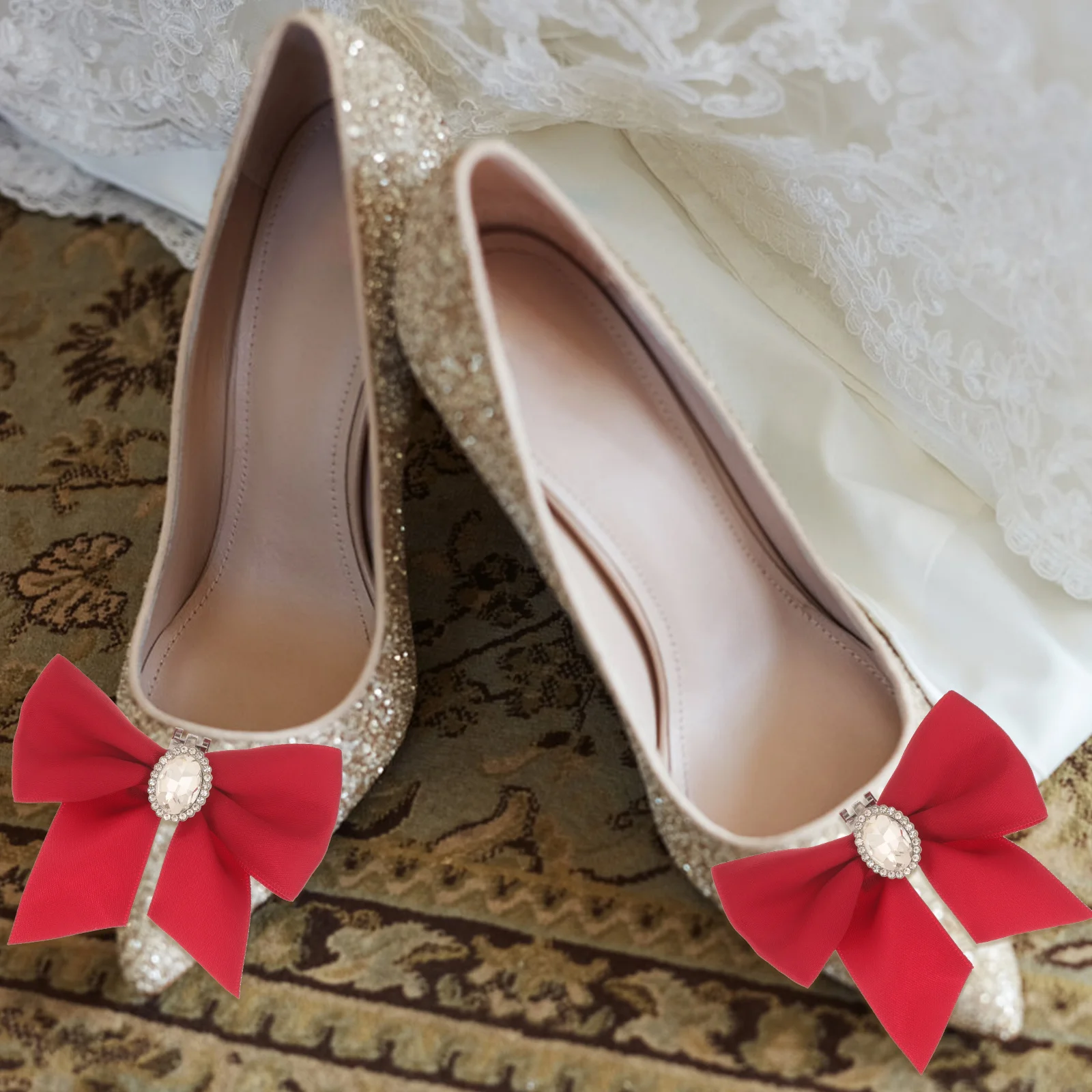 

1Pair Red Bow Shoe Charm Satin Alloy Detachable Wedding Party Shoe Jewelry Decor Bridal Pumps Accessory Embellishment