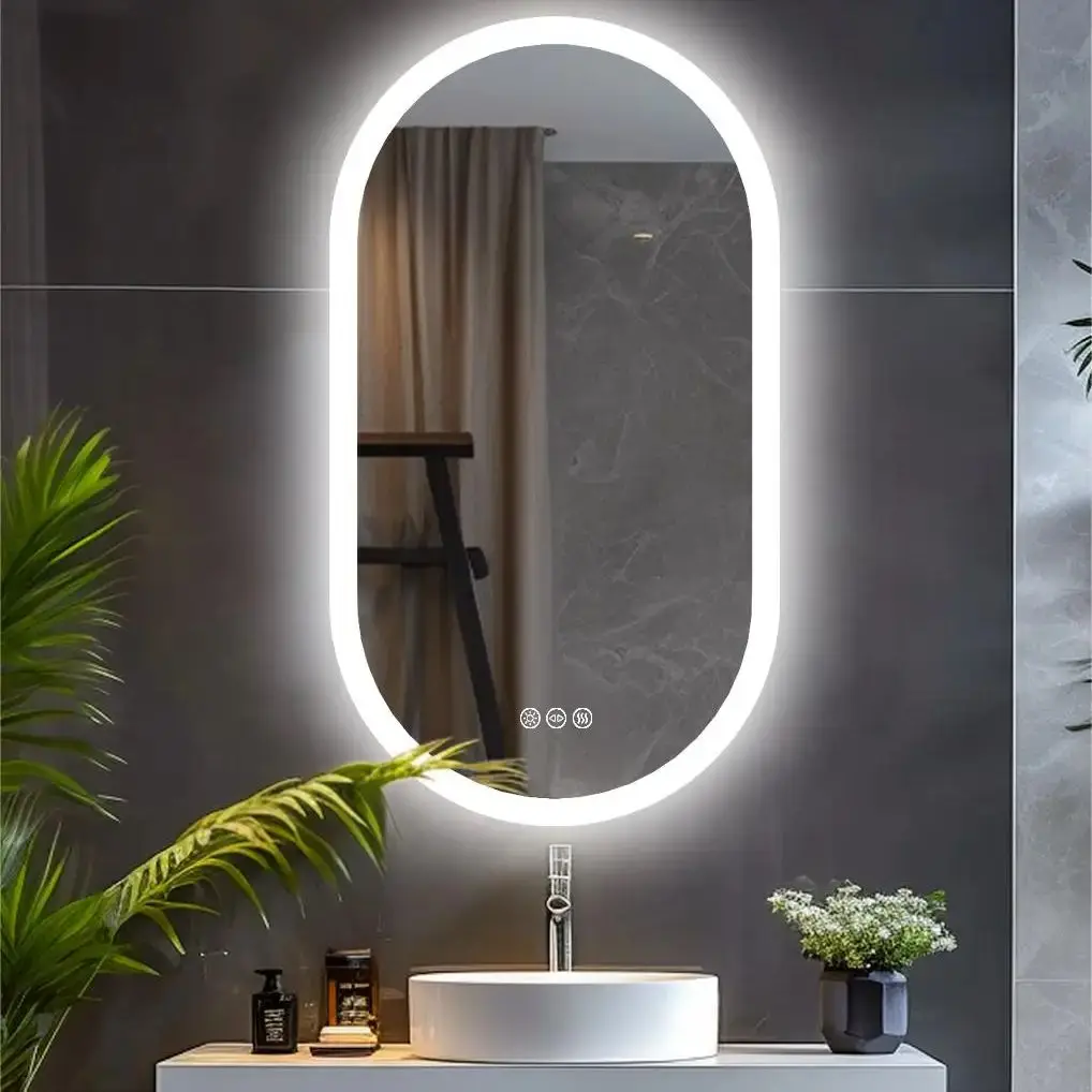 3 Sizes Oval LED Bathroom Mirror Dimmable 3 Colors Light Smart Anti Fog Wall Mounted Vanity Mirror Plug/Hardwire Install