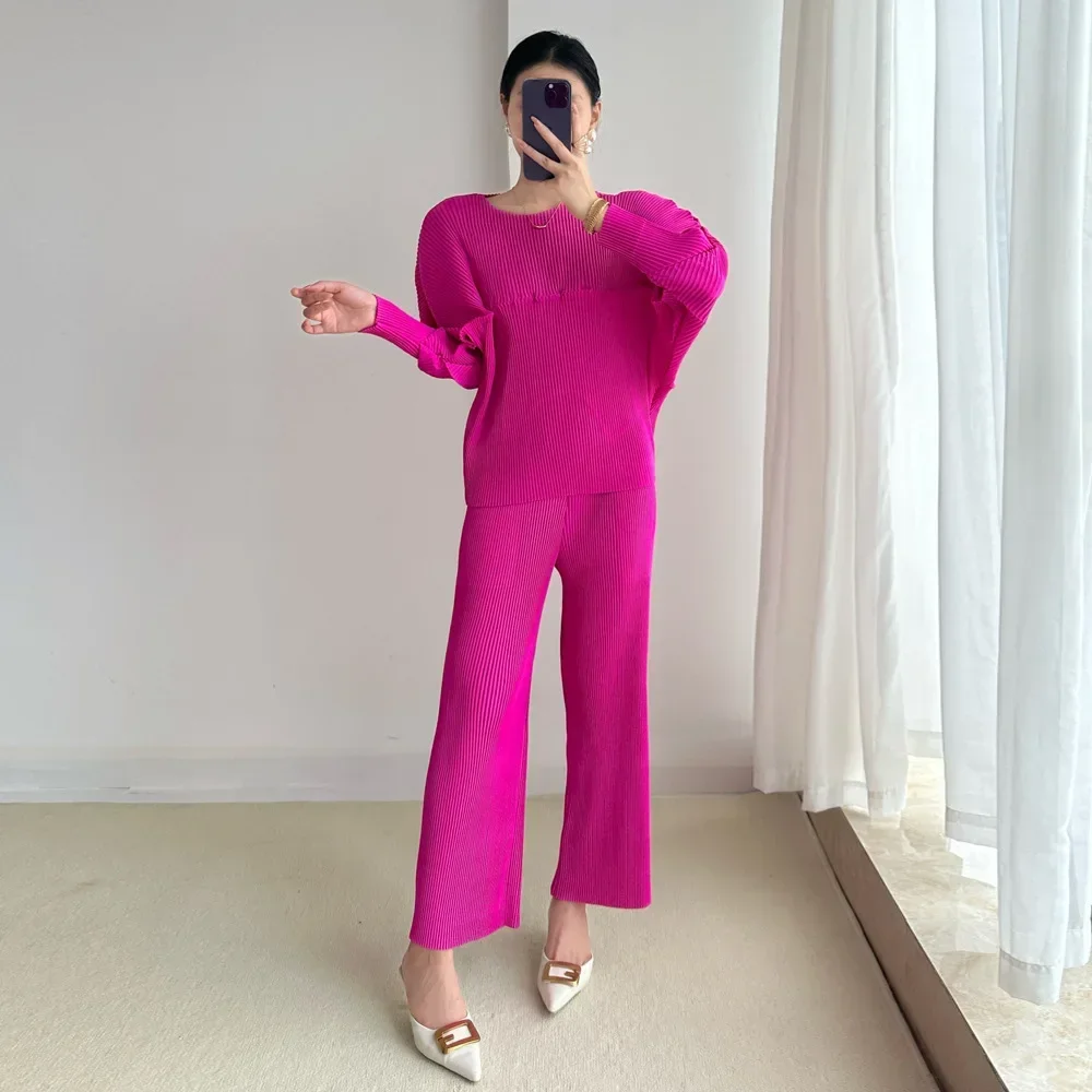 2024 Autumn New Pleated High-quality Set Thick Toothpick Fashion Bat Sleeve Long-sleeved Top + Loose Slim Trousers 2-piece Set