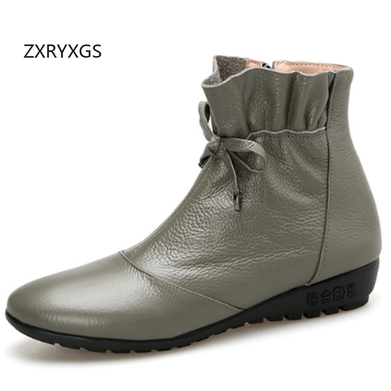 

ZXRYXGS Temperament Elegant Genuine Leather Bow Women Fashion Boots Single Shoes 2025 New Autumn Winter Shoes Trendy Boots Flats