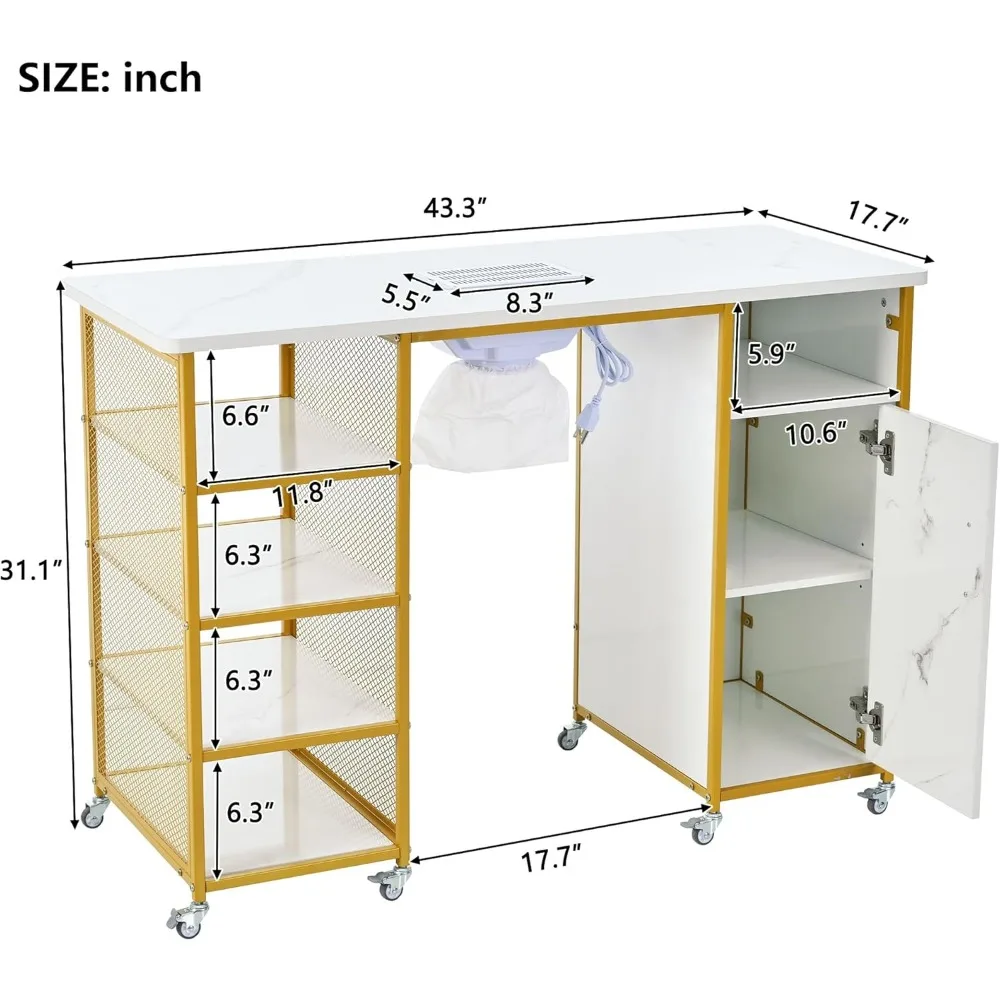 Rolling Manicure Table Nails Desk for Nail Tech, Nail Table Station w/Electric Dust Collector, Nail Salon Desk Beauty Spa Salon