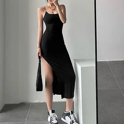 Rimocy Sexy High Split Long Dress for Women Summer Sleevless Backless Bodycon Dress Woman Vacation Beach Spaghetti Strap Dresses