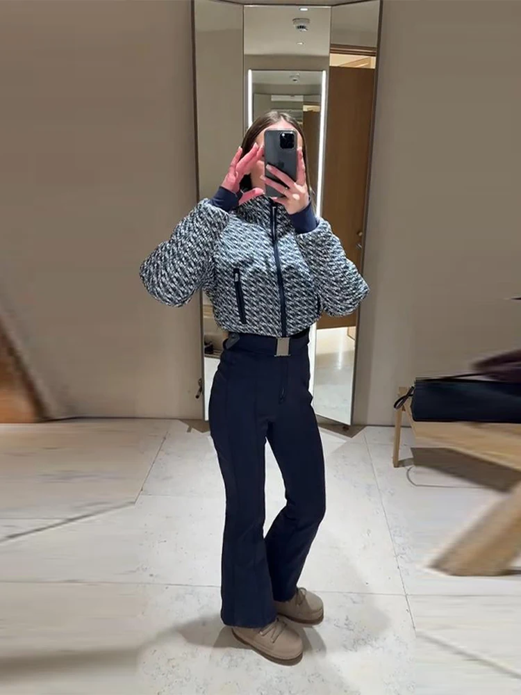 Women's Patchwork Ski Jumpsuit Set Cropped Belt Full Sleeve Zipper Jacket Flared Pants Suit 2025 Autumn Winter Female Ski Outfit