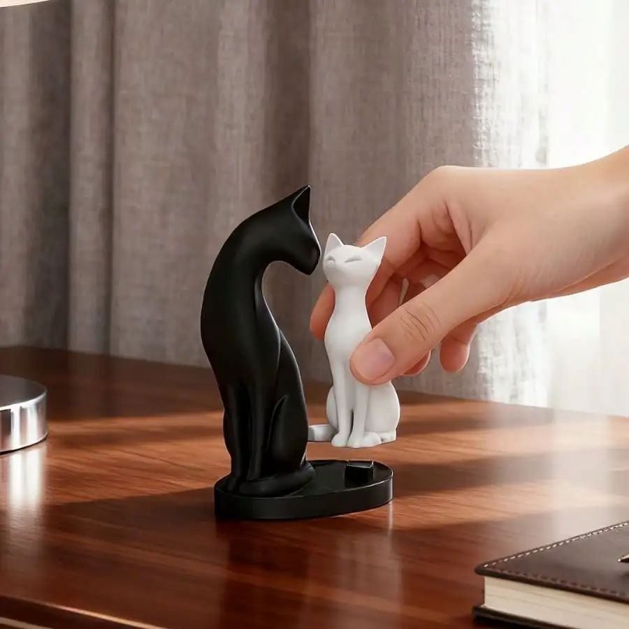 Abstract Cat Couple Figurine Set - Modern Resin Home Decor, Black White Animal Statue for Desk Shelf, Birthday Wedding Gift