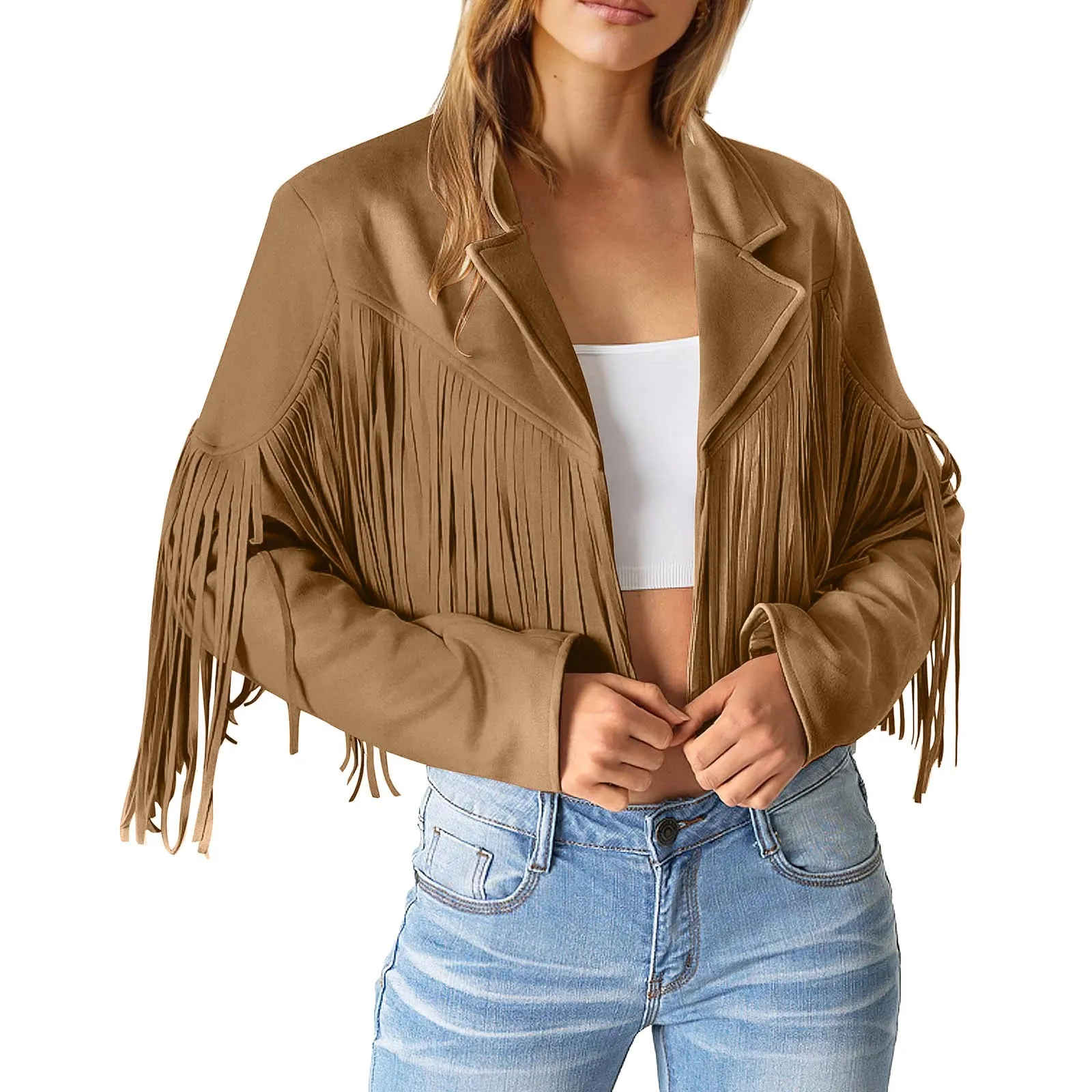 Women Fringed Hem Tassel Cardigan Crop Tops Faux Suede Leather Motorcycle Jacket Hippie Vintage Streetwear Lapel Coat