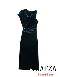 TRAFZA Vintage Chic Women Dress Solid Sleeveless O-Neck Zipper Long Straight Vestidos Fashion 2024 Autumn Winter Holiday Dress