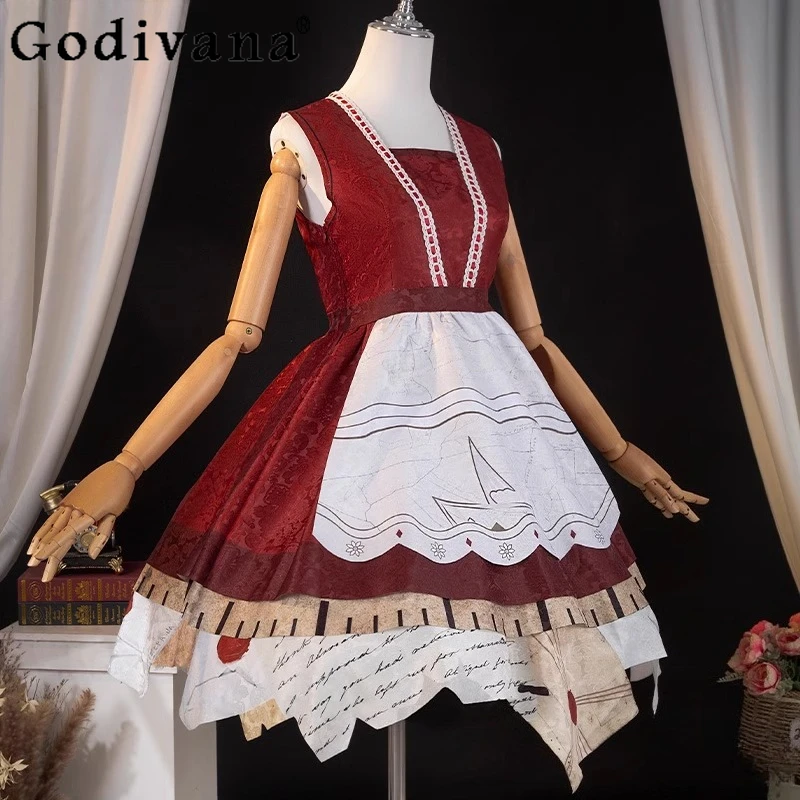 Costume cosplay per ragazza Pelle invecchiata Abito Lolita rosso Donna Abito natalizio carino Gioco Identity Survivor Memory Dress con parrucca