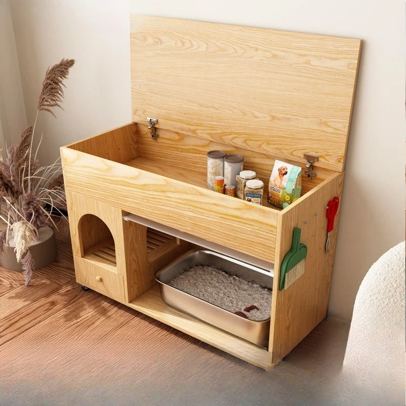 Solid wood pet cat toilet storage semi-closed cat litter indoor cabinet cat litter