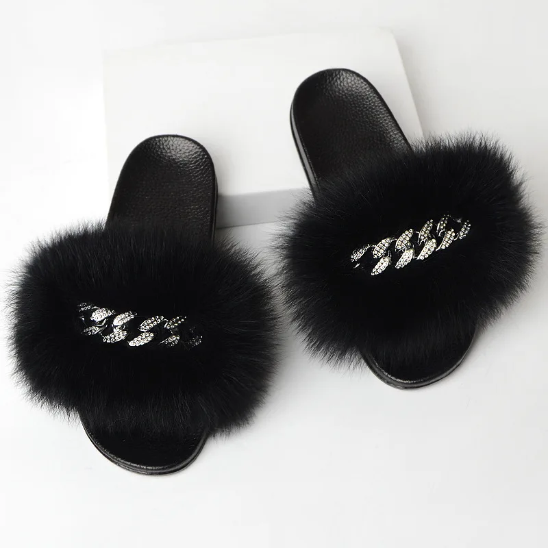 Summer Ladies Slippers Women Real Fox Fur Slides Indoor Fuzzy Plush Flip Flops Flat Sandals Fluffy Home Shoes Woman New Arrival