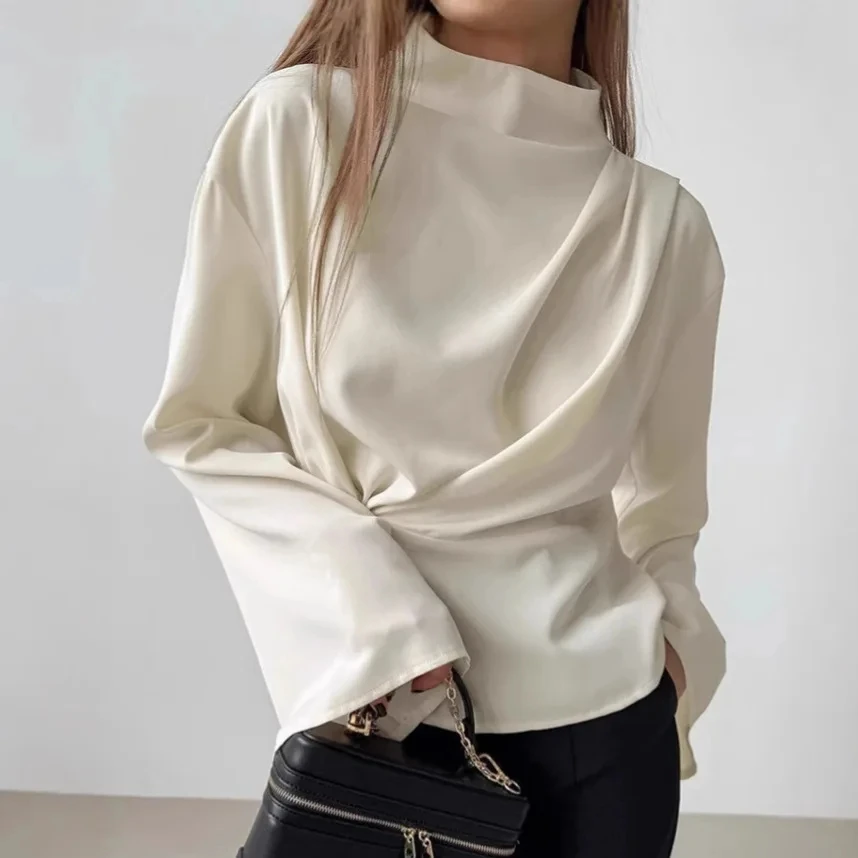 

2026 Spring Summer New Chiffon Bell Sleeve Tie Waist Stand Collar Shirt Women Short Style Fashion Top
