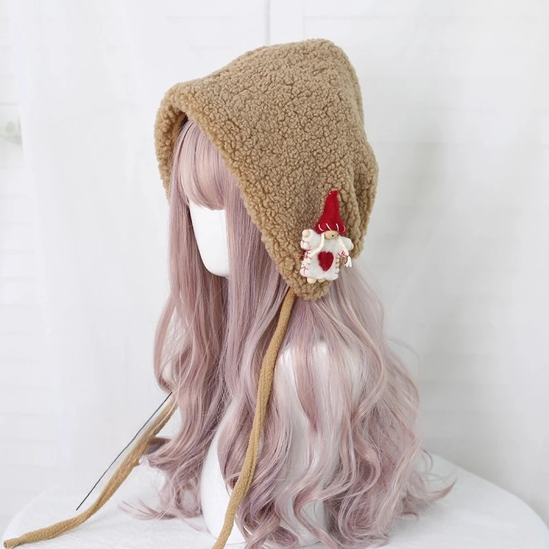 

Рождественская шапка Лолита для девочек, японская защита ушей для девочек, зимняя милая плюшевая толстая теплая шапка ведьмы, осенне-зимняя плюшевая шапка
