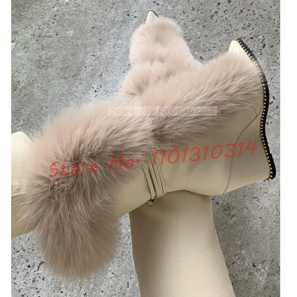 Fur Pointy Wedge Ankle Boots Ladies Newest Beige Rive Trim Lace-up Suede Heels Boots Women Luxury Stylish Big Size Furry Shoes