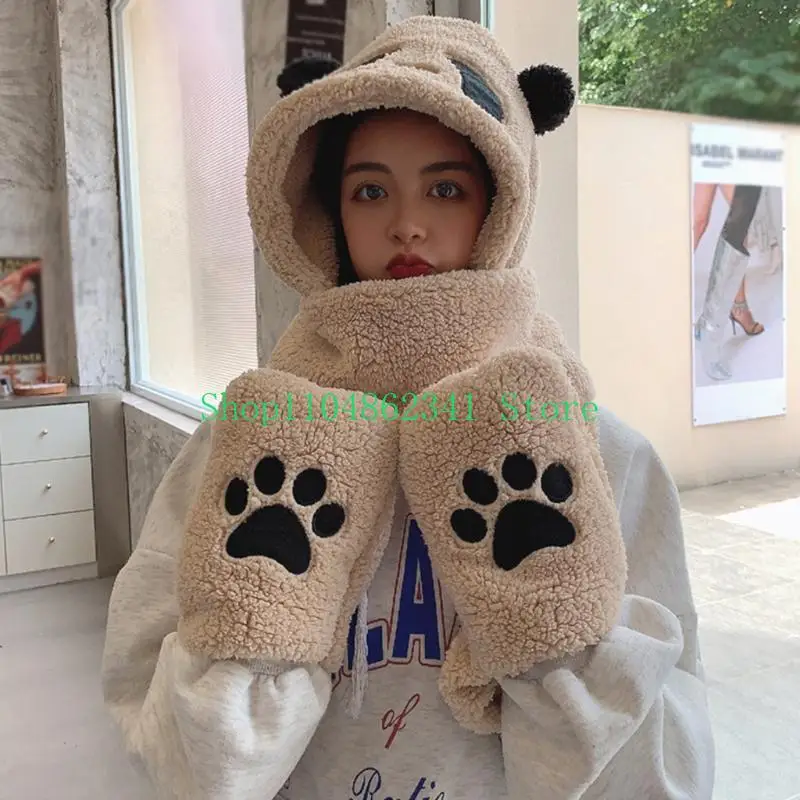 652F Warm Shu Velveteen Panda Beanie Hat Gloves Pocket Long Scarf Shawl Wraps
