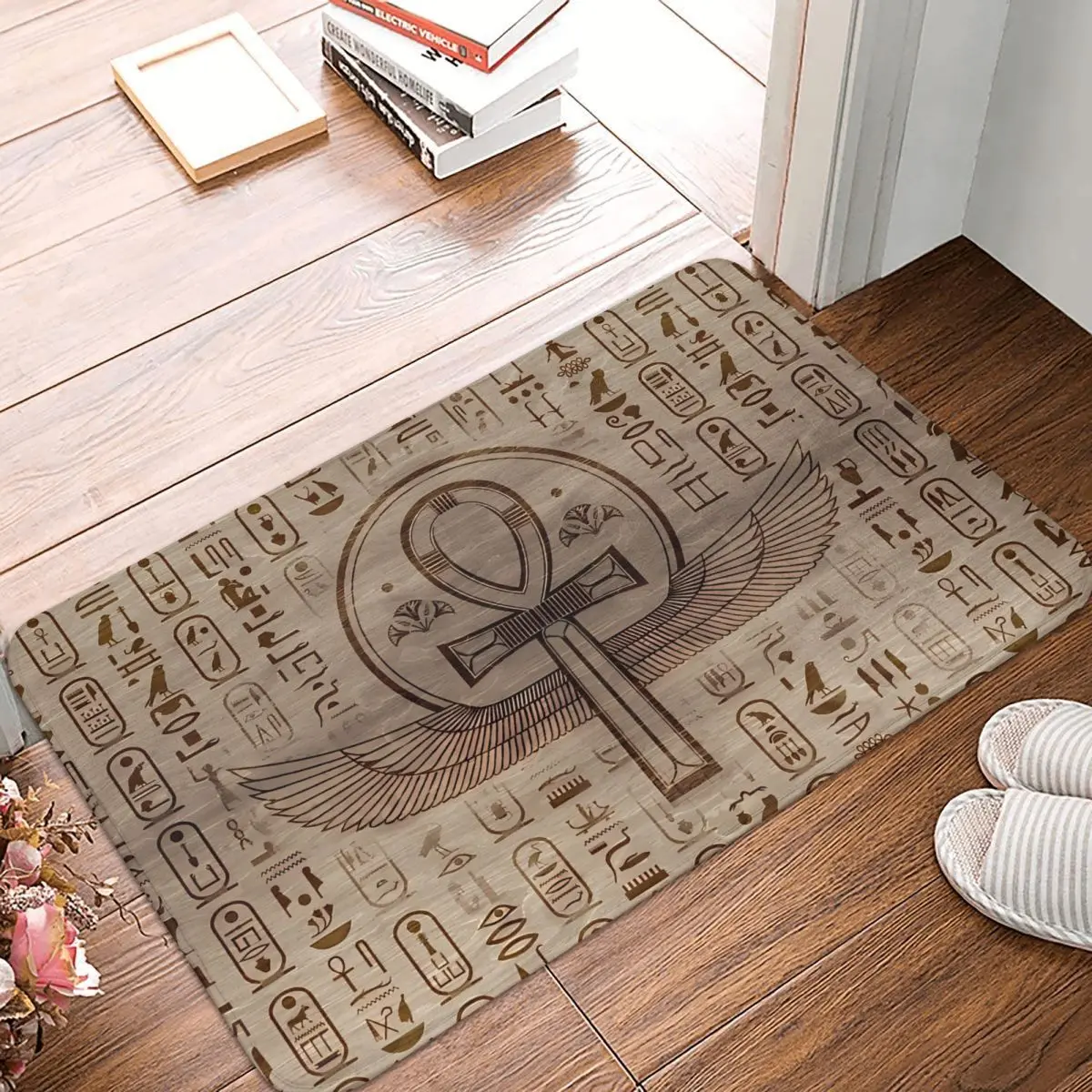 Egyptian Cross Ankh Wooden Texture Ancient Egypt Digital Art Non-slip Rug Doormat Kitchen Mat Hallway Carpet Home Decor