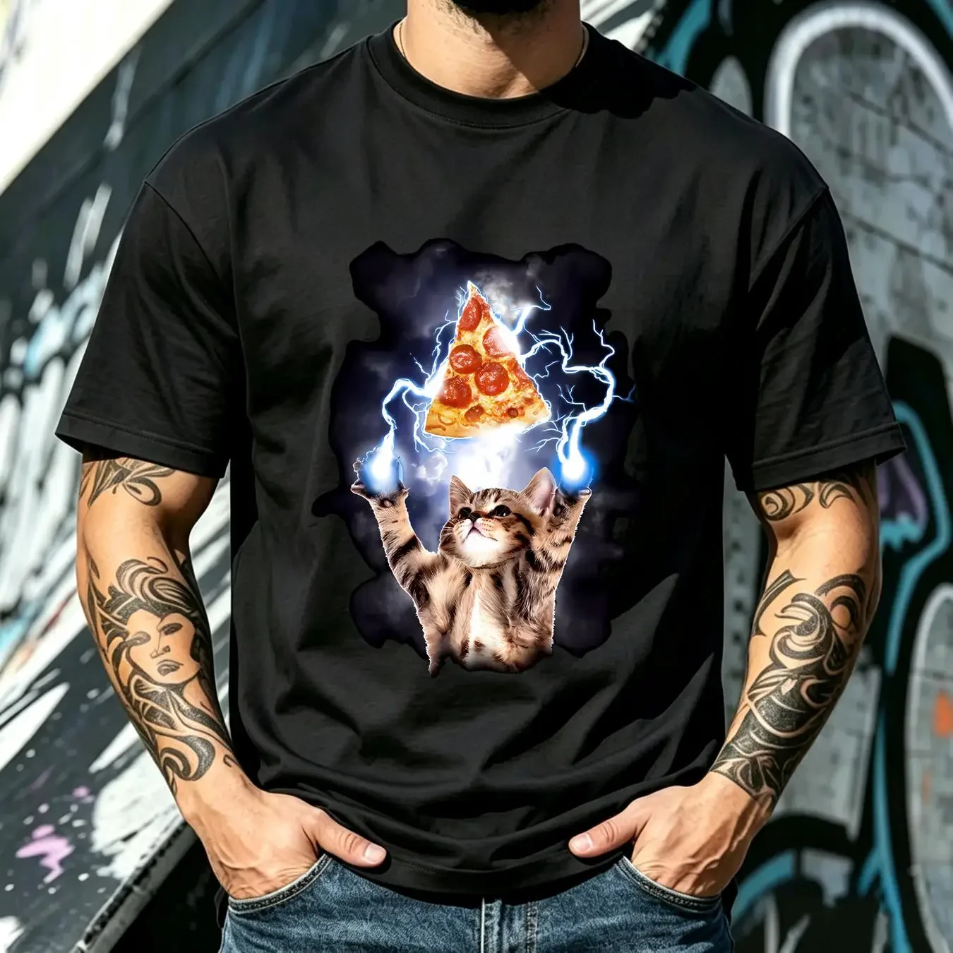 washed T Shirt Boy's Husky Lost Gods Cat Pizza Lightning Power long or short sleeves vintage Washed Unisex Stretched