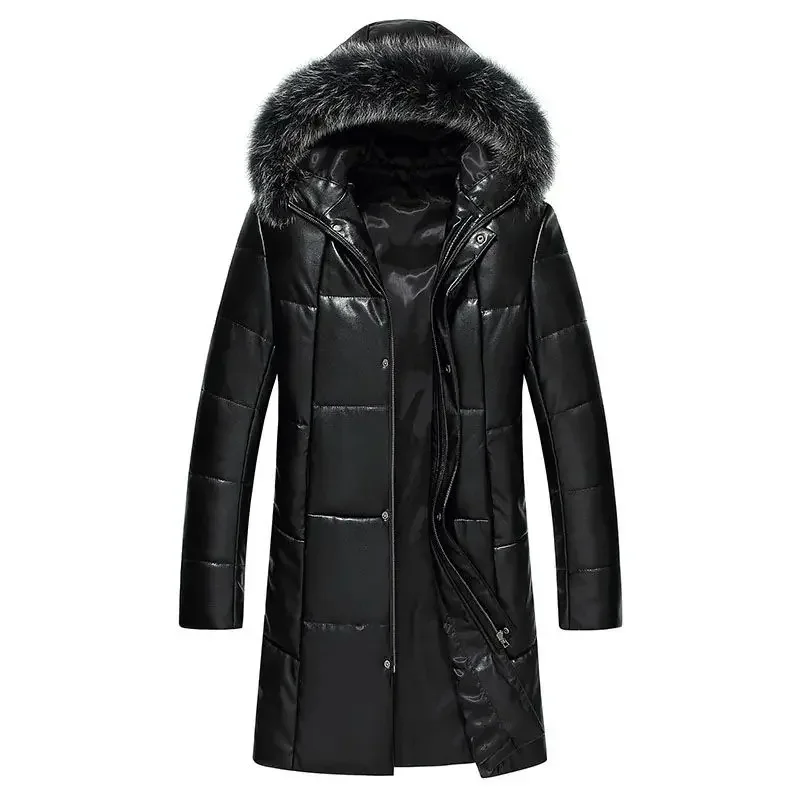 Chaqueta acolchada de alta calidad para hombre, chaqueta de plumón de cuero para invierno, cuello de piel de zorro plateado, abrigo coreano de piel de oveja ajustado de largo medio