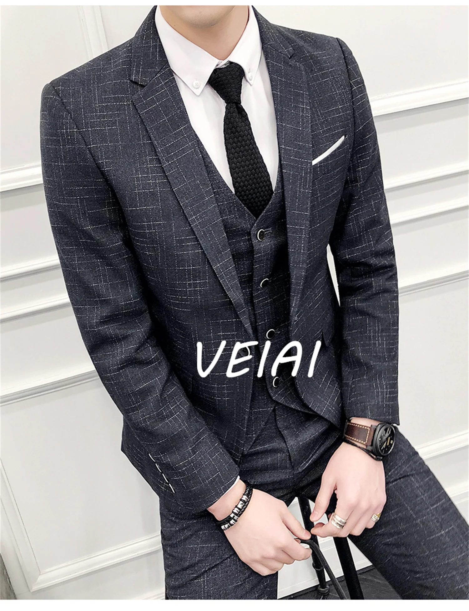 Black Lattice Men Suit 3 Pieces Classic Groom Wedding Suits Formal Male Business Blue Dress Tuxedo Blazers Vest Pants Sets