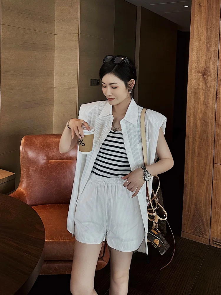 

Летний повседневный хлопковый комплект Meng: модный женский костюм-двойка в полоску с шортами и рубашкой на пуговицах