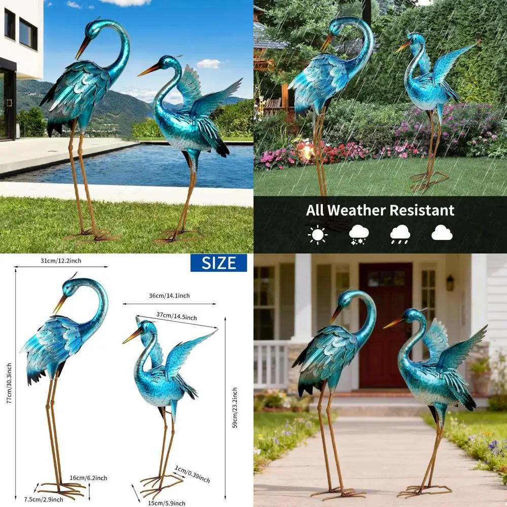 

Outdoor Metal Crane Statues for Yard Art, Blue Heron Bird Ornaments, Backyard Pond Patio Porch Decorations