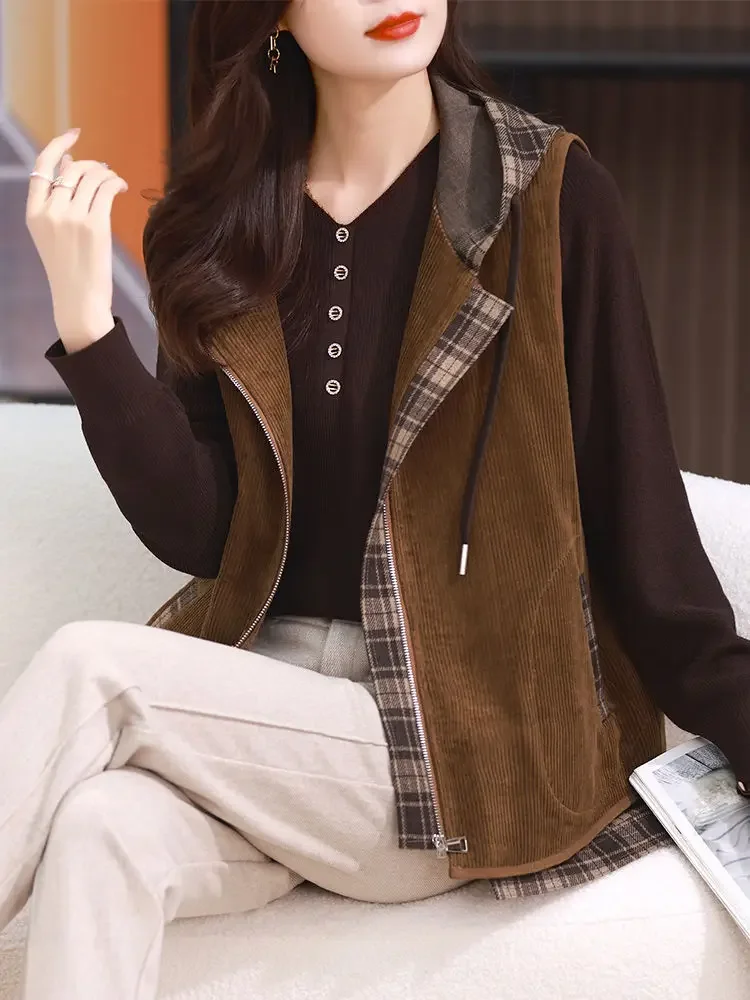 Vintage Oversized Hooded Vest Women Corduroy Sleeveless Cardigan Zip Korean Fashion Spring/summer Jacket Tops Casual New