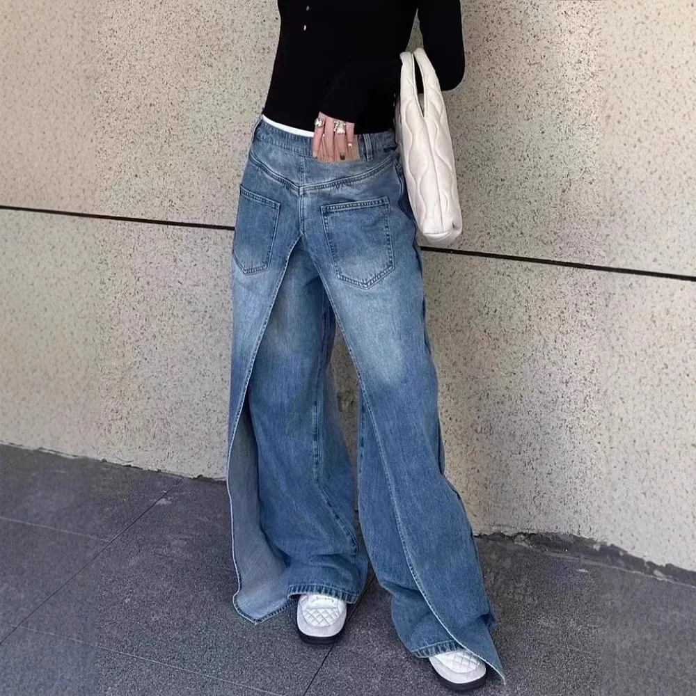 

Wide Leg Jeans Women Denim Straight Pants Trousers Floor Length Mom Jeans High Waist Pockets Washed 2025 Streetwear Denims