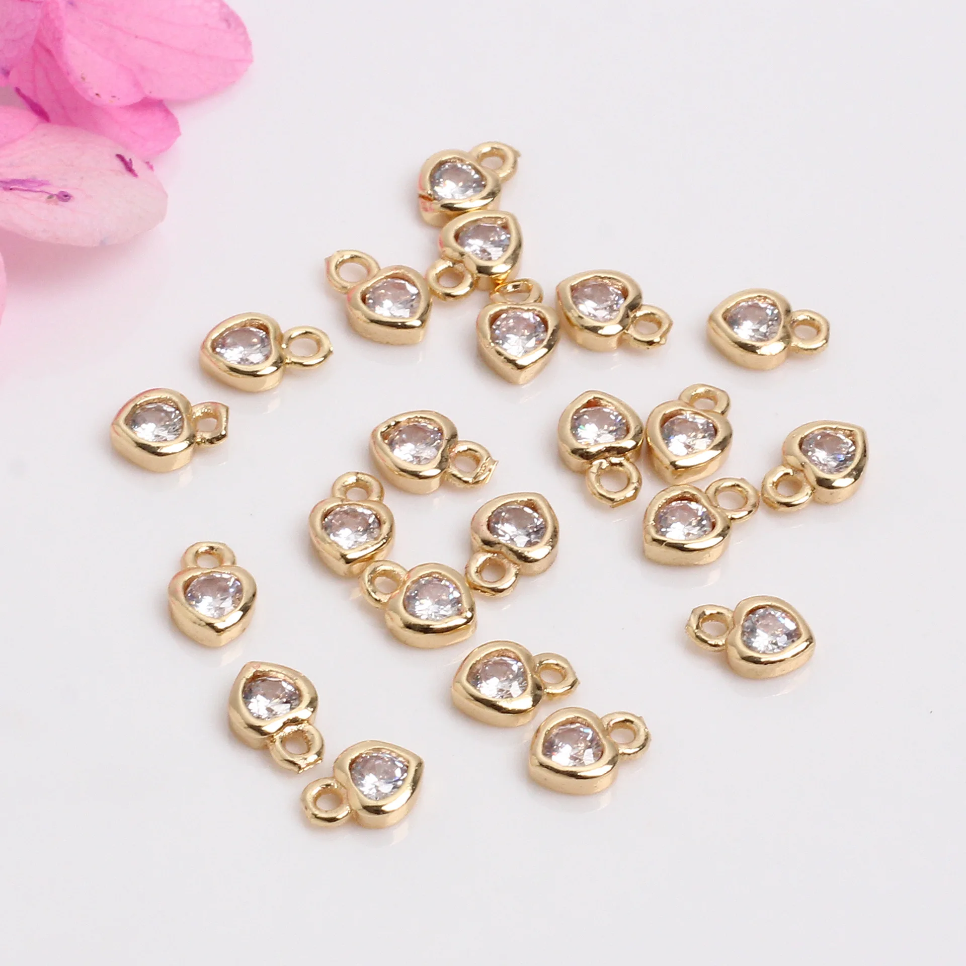 14K Rhinestone Embellished Round Heart Charm Tiny CZ Pendant Extended Chain Tail Drops 20 pcs