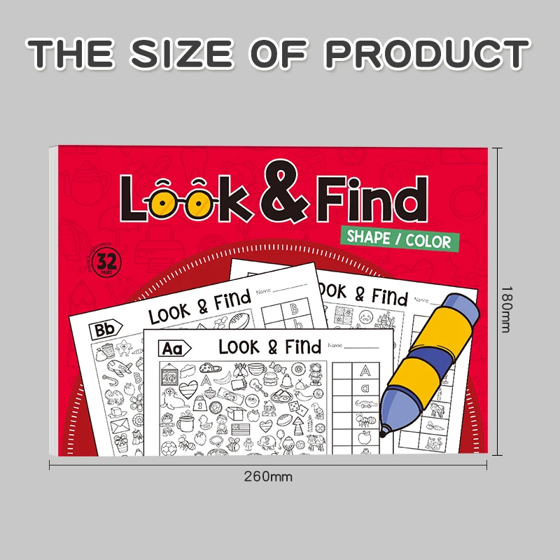 كتاب رسم مكون من 32 صفحة، ابحث عن الشكل/اللون، مصنف للأطفال، كتب تلوين، دفاتر كتابة، مستلزمات مدرسية مكتبية