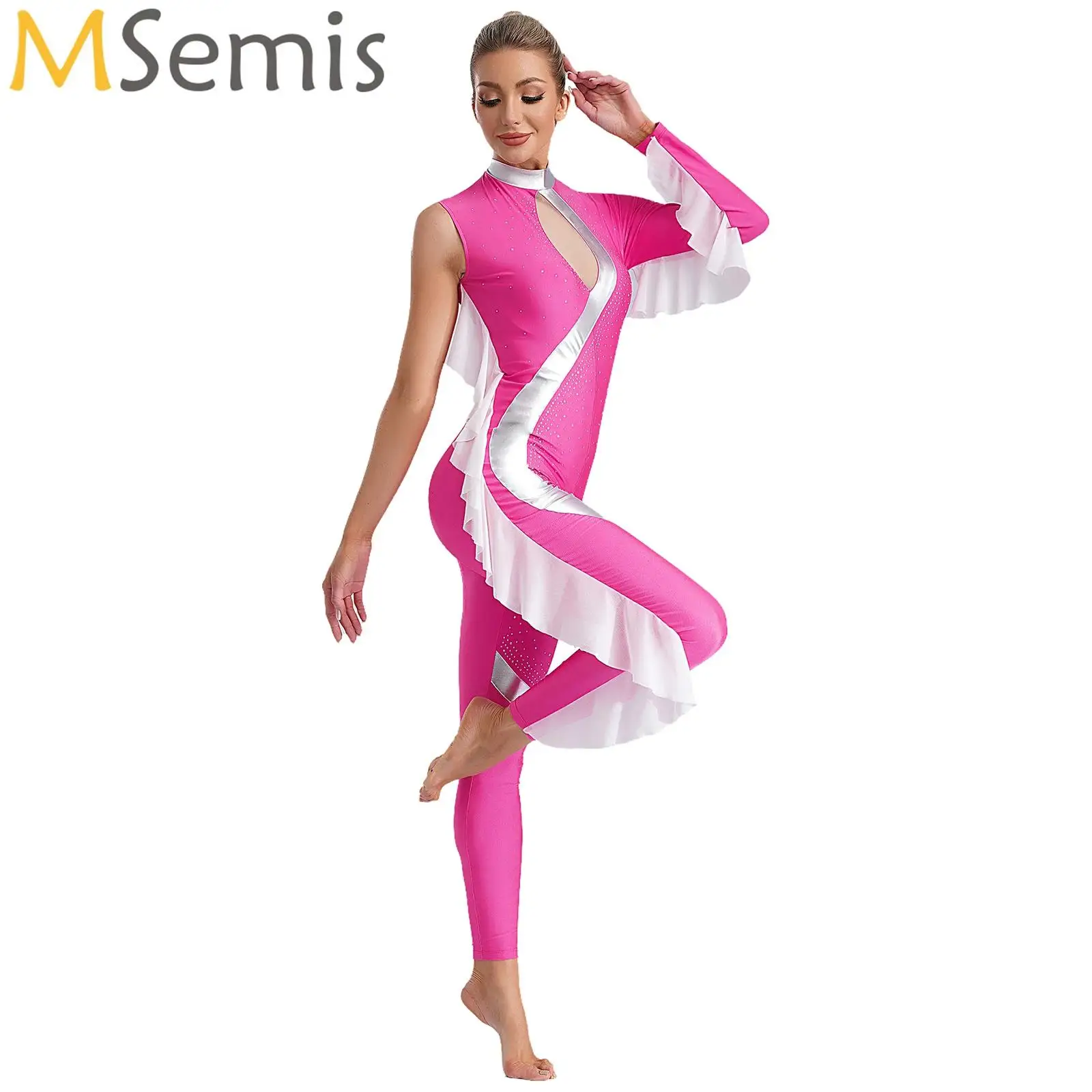 

Womens Ruffles Ballet Dance Gymnastics Leotards Acrobatics Performance Costume Long Sleeve Shiny Rhinestones Jumpsuit Bodysuit