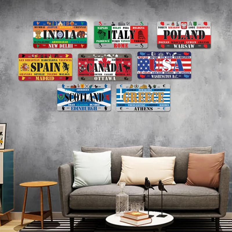 Country Name Flag License Plate Sign Shabby Metal Tin Plate Bar Cafe Garage Wall Stickers Man Cave Sign Tinplate Plaques Decor