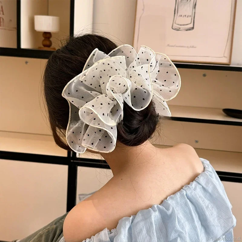 Neues koreanisches Haarband aus gepunktetem Chiffon für Damen und Mädchen, süßes Haarschmuckstück, Scrunchie, Haargummi, Haarring, modische Haaraccessoires
