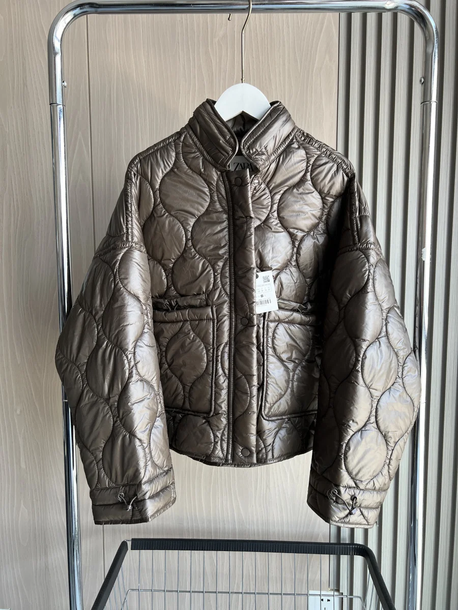 Traf Women\'s 2024 New Arrival Waterproof Cotton Padded Jacket Fashion Quilted Stand-up Collar Thin Cotton Coat for Women