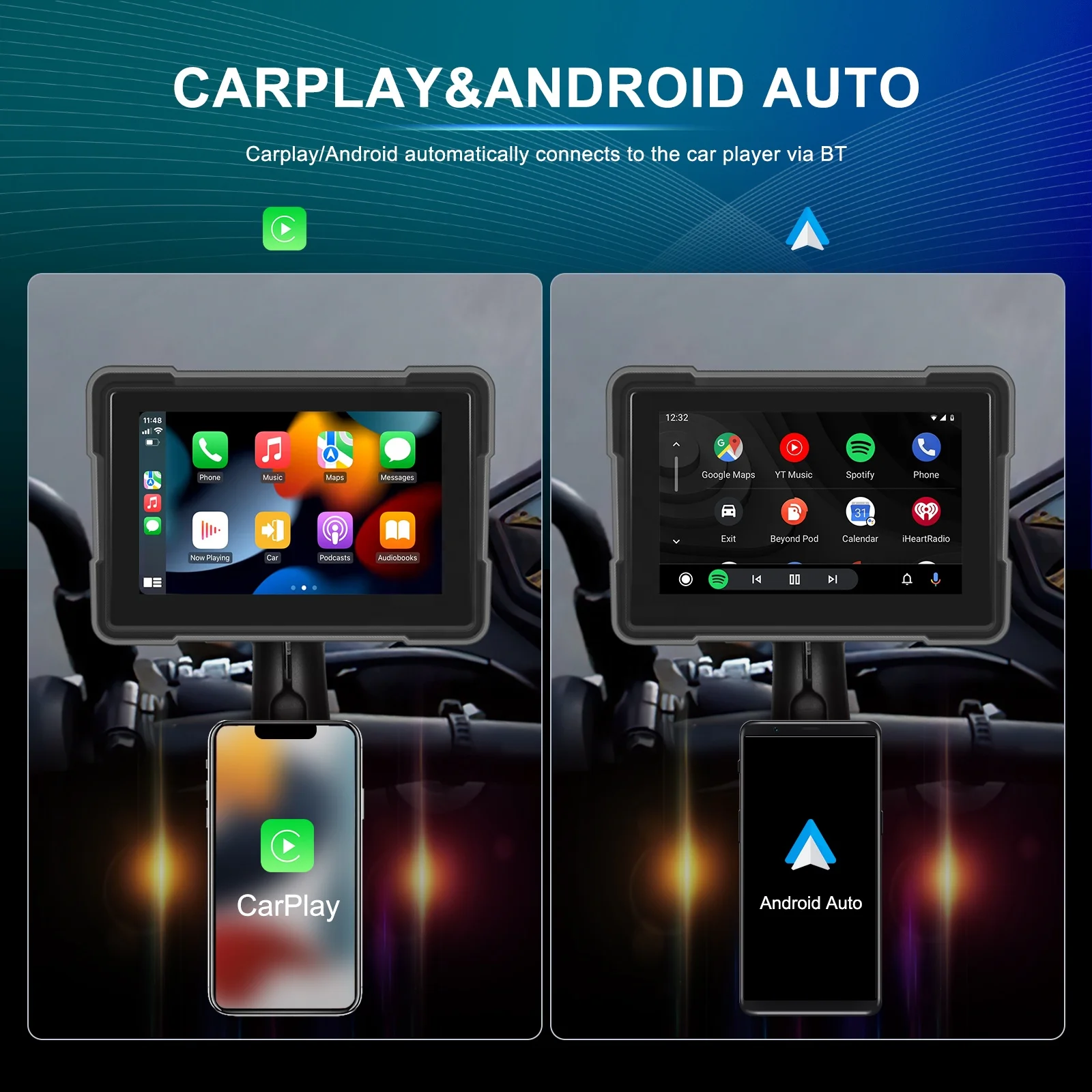 Podofo 5'' Motorcycle Portable Carplay Screen & Android Auto Dual Lens DVR Monitor IP67 Waterproof + Front/Rear Camera