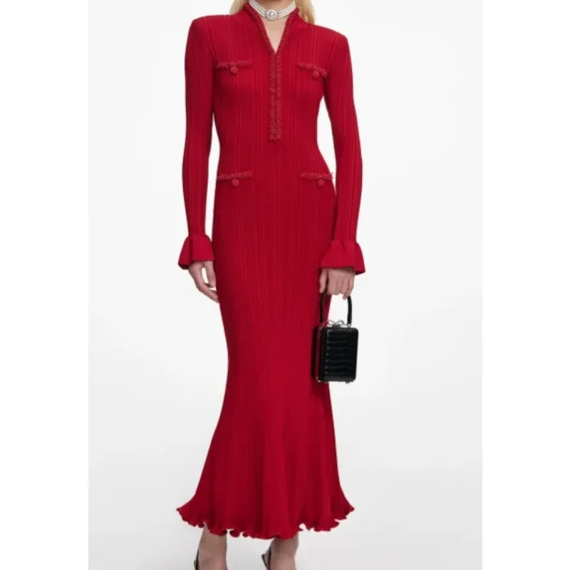 

Горячая распродажа: Красное вязаное платье-русалка макси с глубоким V-образным вырезом • Элегантный стиль, длинный рукав, красивое исполнение