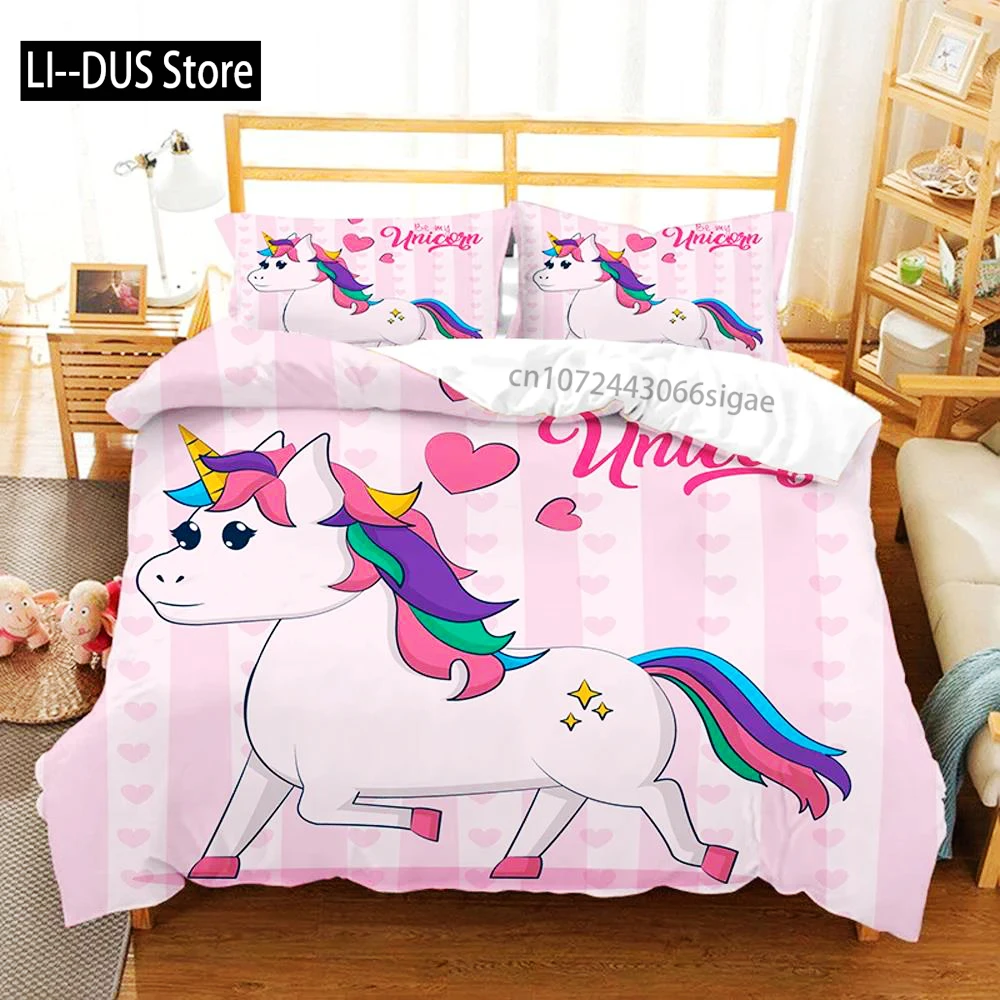

Unicorn Kids Girls Pink 3D Bedding Set Duvet Cover Hot Sale Cartoon Bedcllothes Animal Printed Queen King Size Home Duvet Covers