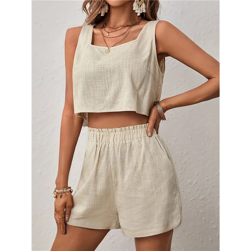 A09P Womens 2 Piece Outfits Lounge Matching Sets Two Piece Linen Shorts Crop Tops Trendy Clothes Summer Vacation Set