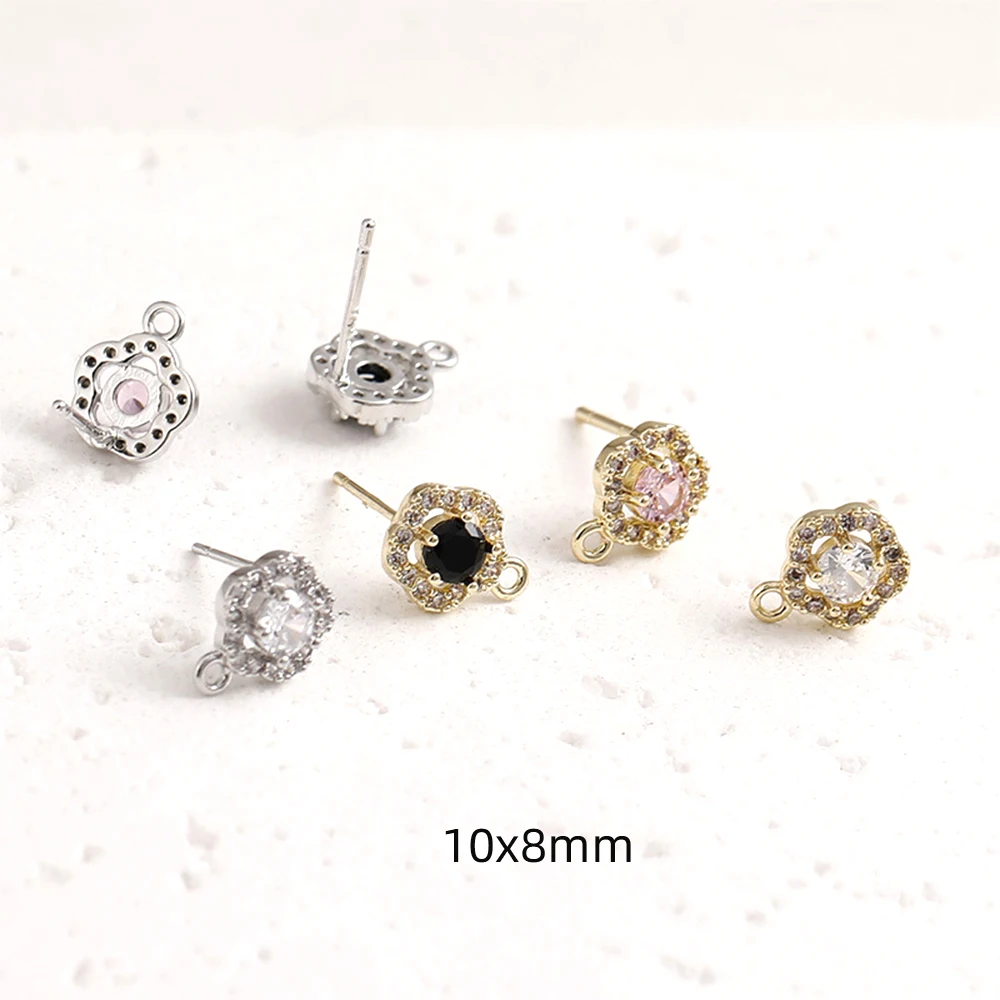 4 Pieces Copper Plating with 14k Gold Zircon Inlaid Flower Earrings DIY Jewelry Making Semi-finished Product Accessory Materials