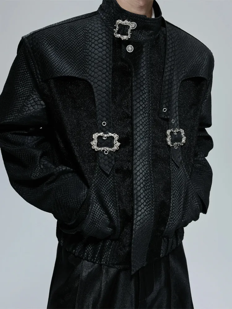 Artificial Snake Patterned Leather Jacket For Men American Fashion High Street Faux Horsehair Patchwork Stand Collar Coat