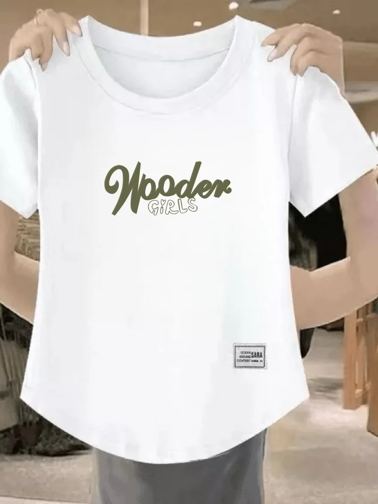 

Женская футболка Slim Fit с коротким рукавом, летняя, модная, повседневная, с буквенным принтом, скрывающая недостатки фигуры, из полиэстера, с круглым вырезом