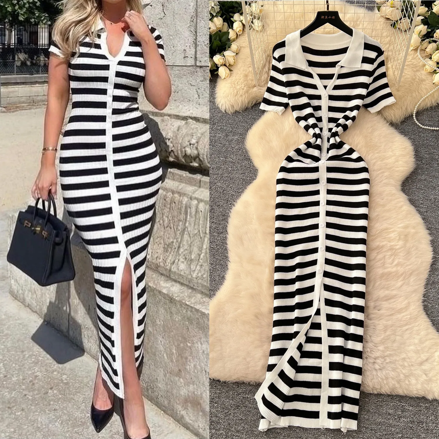 YuooMuoo Frühling Sommer 2026 Frauen Kleid Kausalen Weiß Schwarz Streifen Gestrickte Bodycon Langes Kleid Koreanische Mode Dame Party Roben