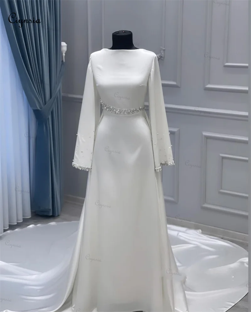 Ciynsia personalizado elegante manga longa vestido de casamento muçulmano 2025 noiva frisado pérolas marfim vestidos de noiva alta pescoço robe de mariée