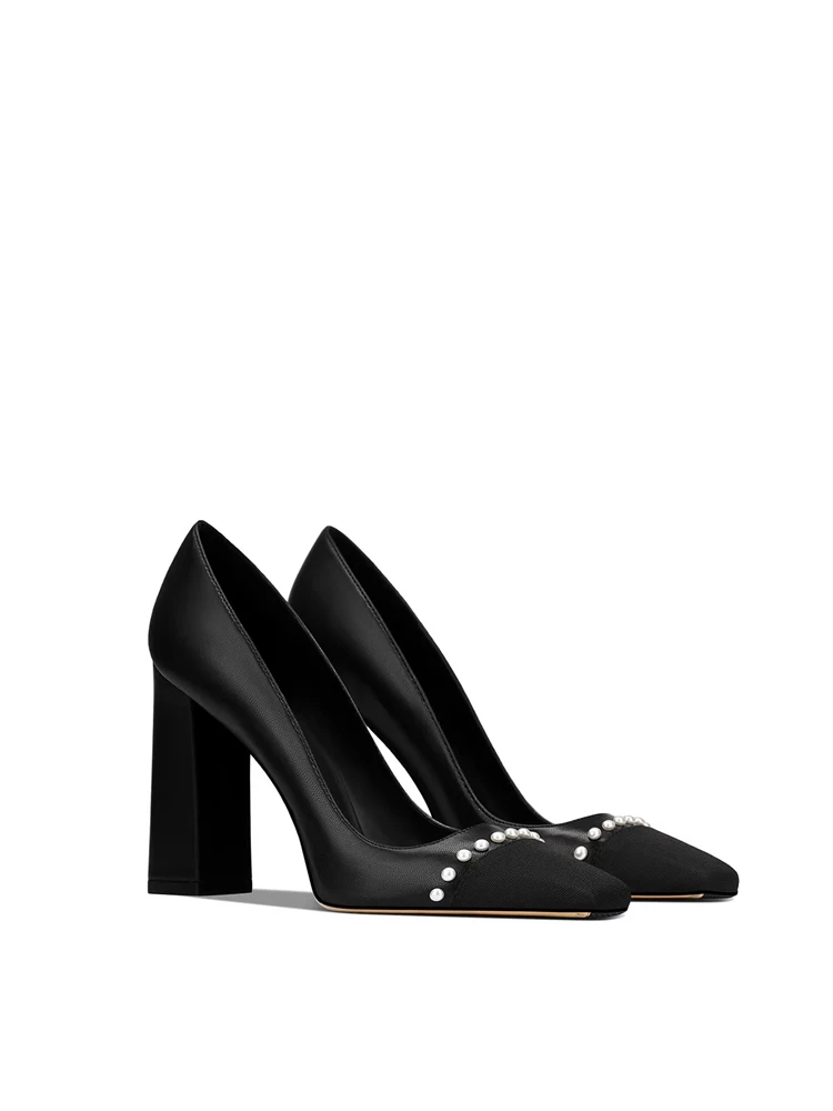 Spring new square toe leather stitched pearl square heel shoes banquet dress large size small size thick high heeled women shoes view 3