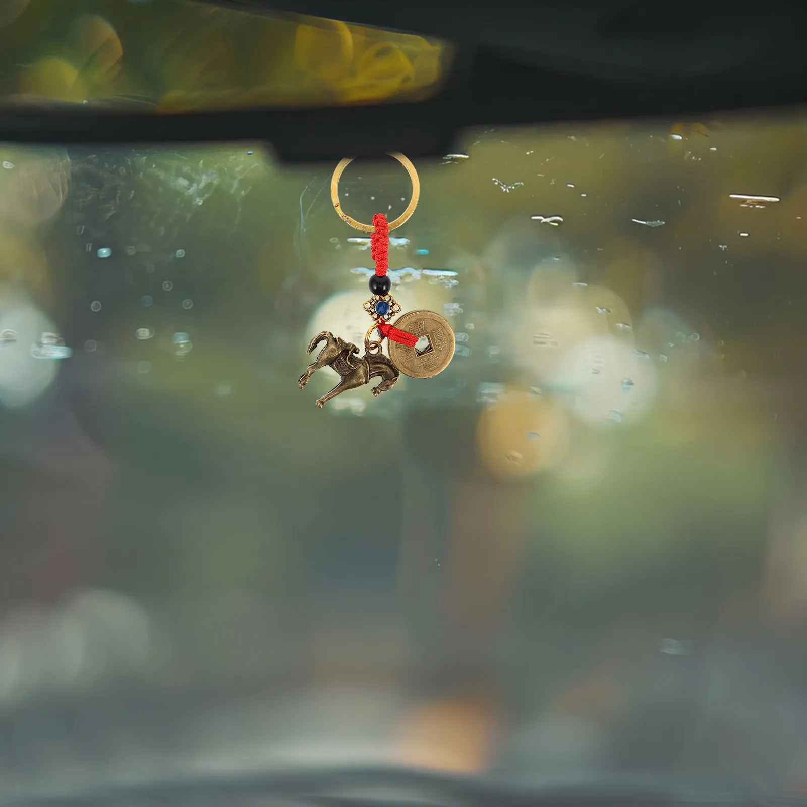 Handcrafted Brass Car Pendant Horse Symbol Prosperity Five Emperor Coins Luck Protection Rearview Mirror Hanging Feng Shui