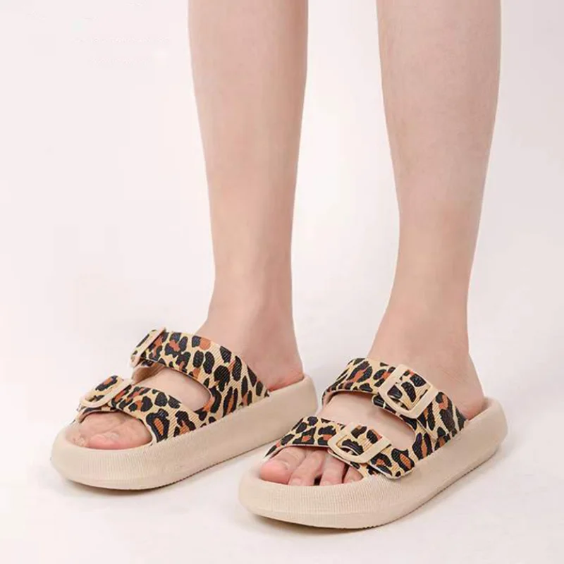 Leopard Soft Sole Pillow Slides for Women Summer 2023 Double Buckle Thick Platform Slippers Woman Flat Heels Non Slip Flip Flops