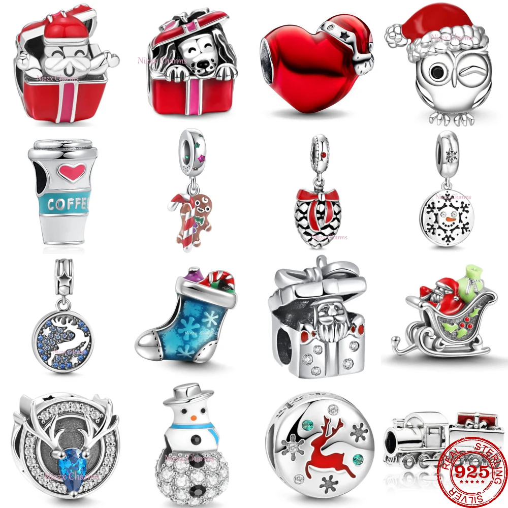 925 Sterling Silver Christmas Santa Claus Deer Coffee Snowman Owl Charm bead Fit Original Pandora Bracelet DIY Jewelry For Women