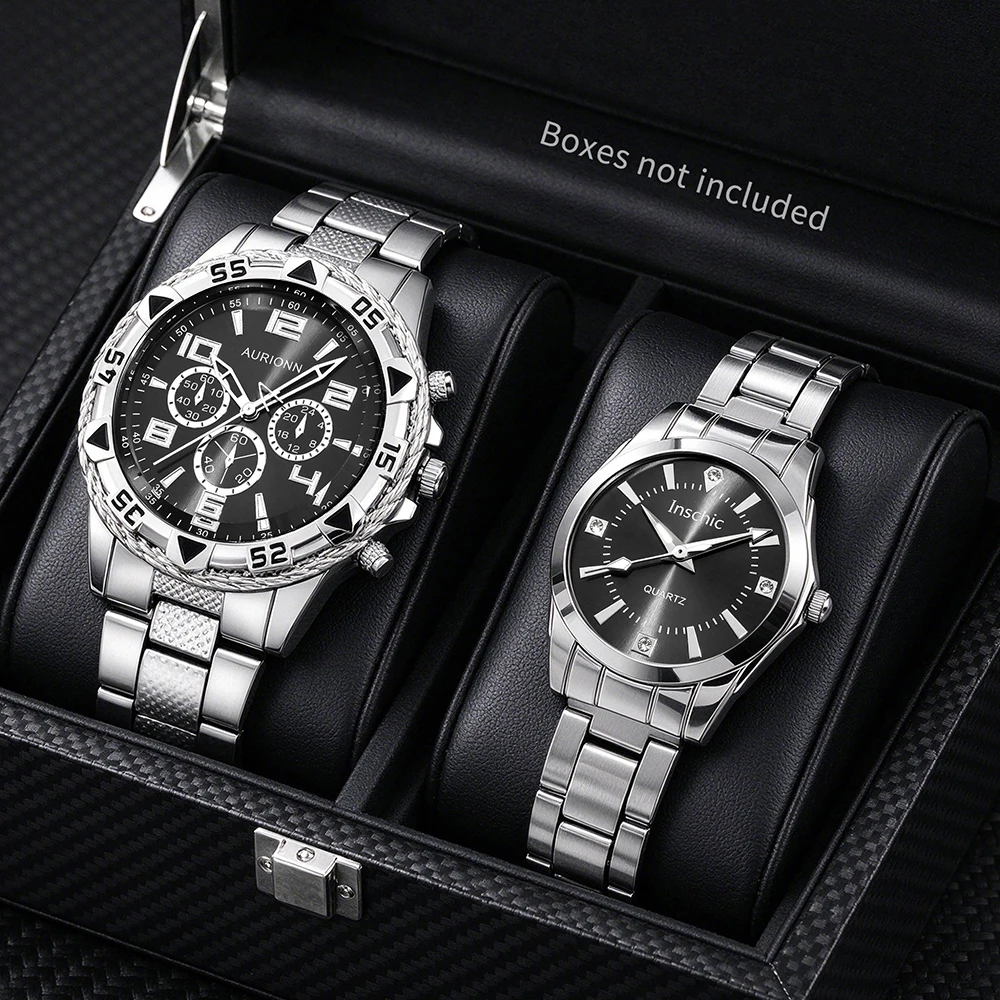 2pc Latest Romantic and Versatile Couple Quartz Watch Set Suitable for Various Occasions, No Gift Box Included