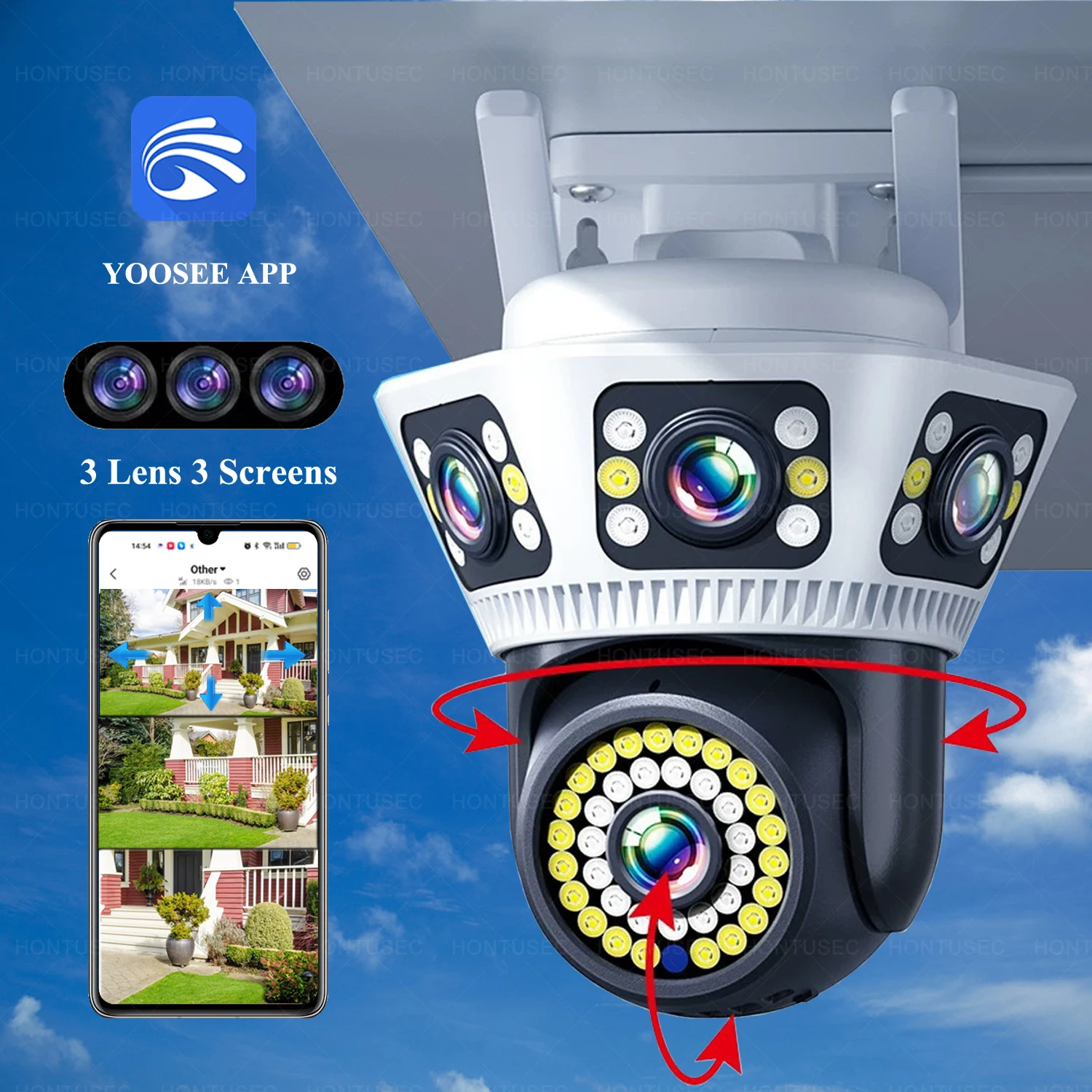 YOOSEE 6K 12MP 3 LENS 3 Screens Wifi PTZ Outdoor Waterproof Color Night Vision Auto Tracking Wireless Security Camera System