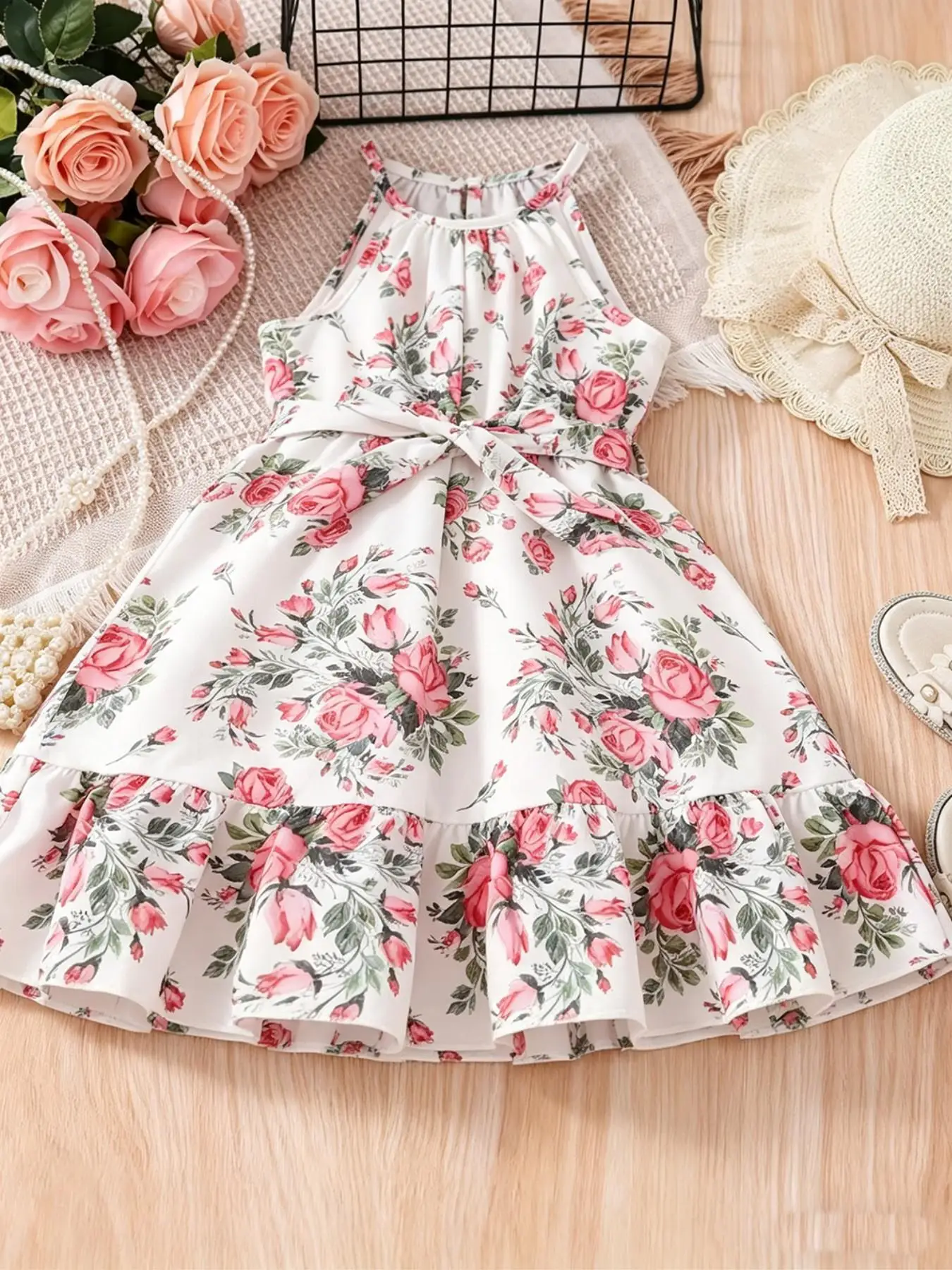 Elegantes, figurbetontes Kleid für Kinder, perfekt für warmes Wetter, Boho-Blumen-Neckholderkleid für kleine Mädchen, Sommer-Sonnenkleid mit gestuftem Rüschensaum
